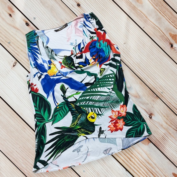 Roberto Cavalli size 2 (IT sz 38) tropical bird printed sleeveless top - Picture 2 of 15